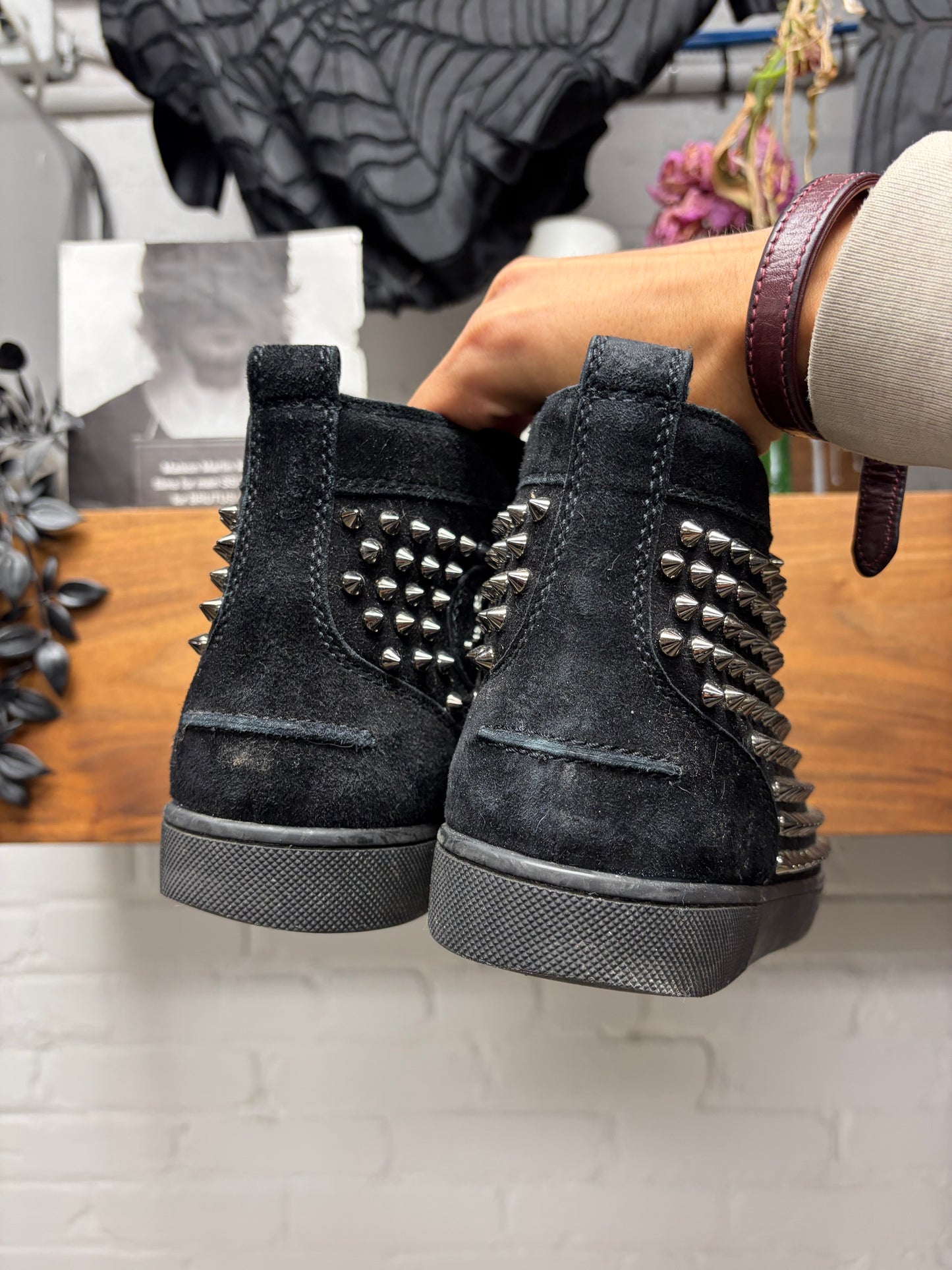 Christian Louboutin ‘Junior Spikes’ Black High Top Red Bottom Sneakers
