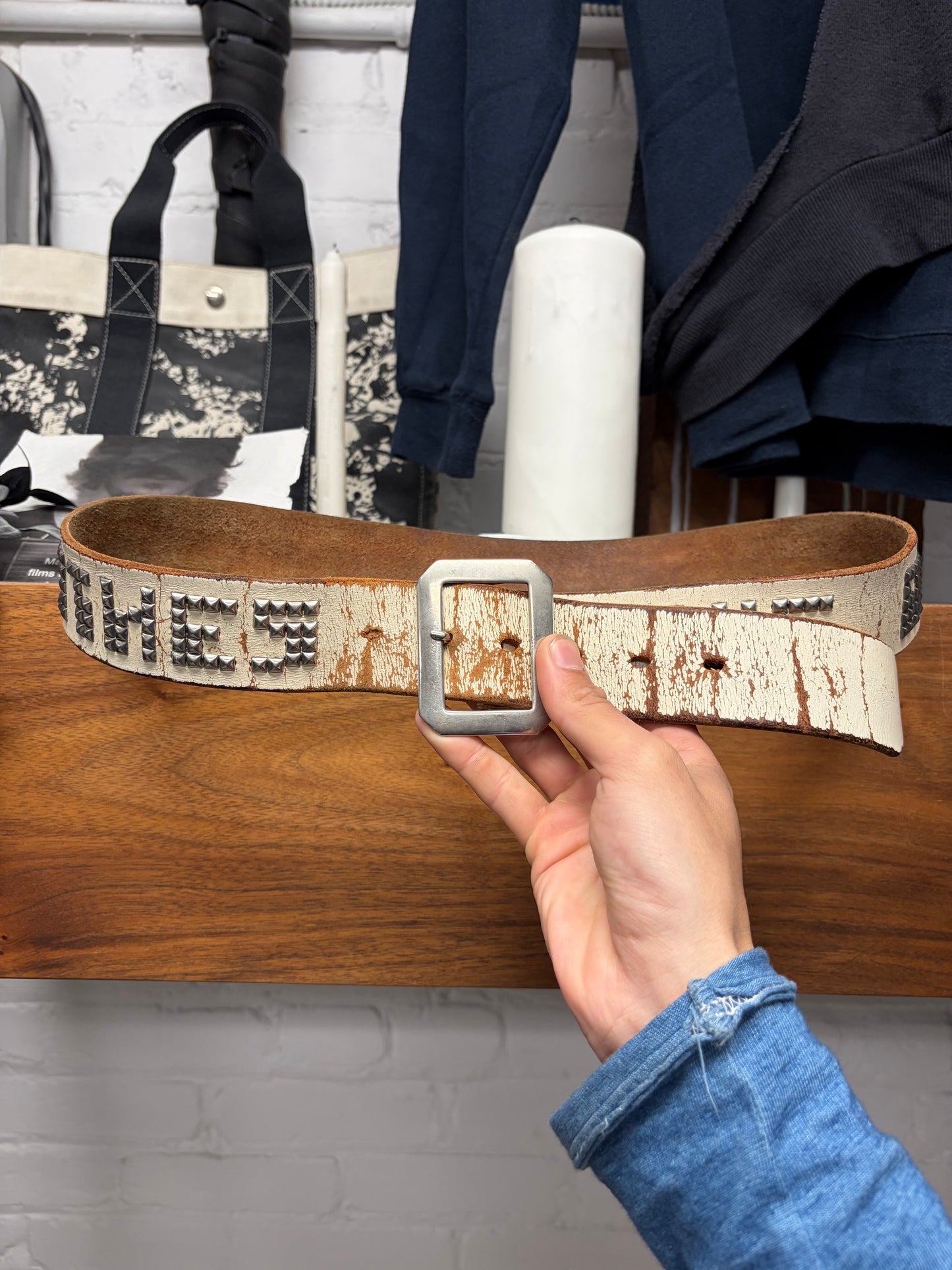 Undercover ‘We Make Noise Not Clothes’ White Painted Leather Studded Belt