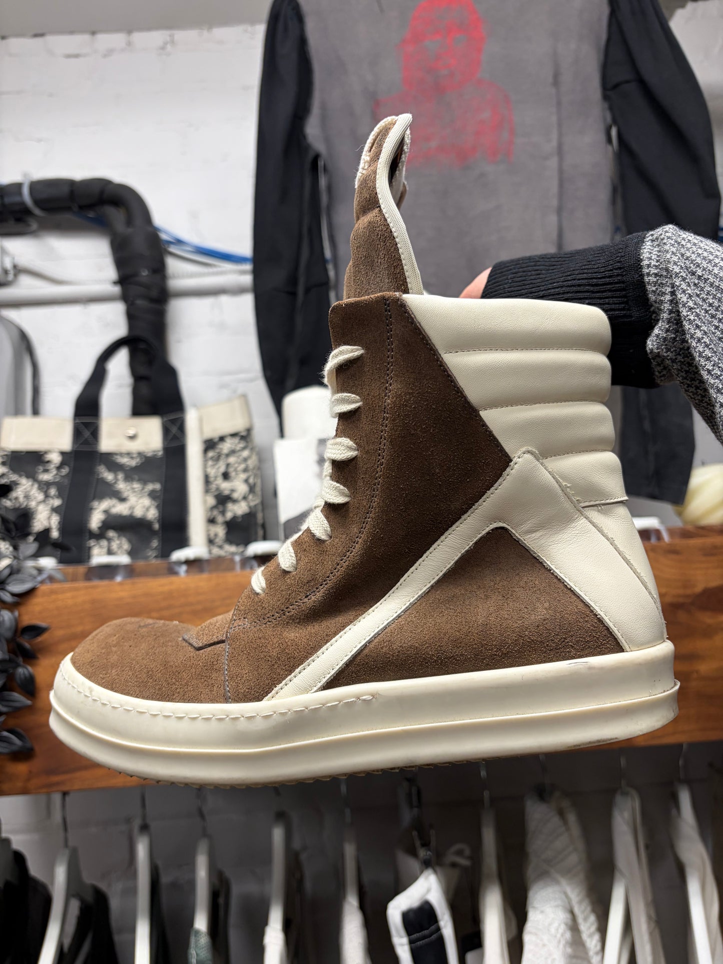 Rick Owens Dust/Milk Classic Leather Geobasket High Top Sneakers