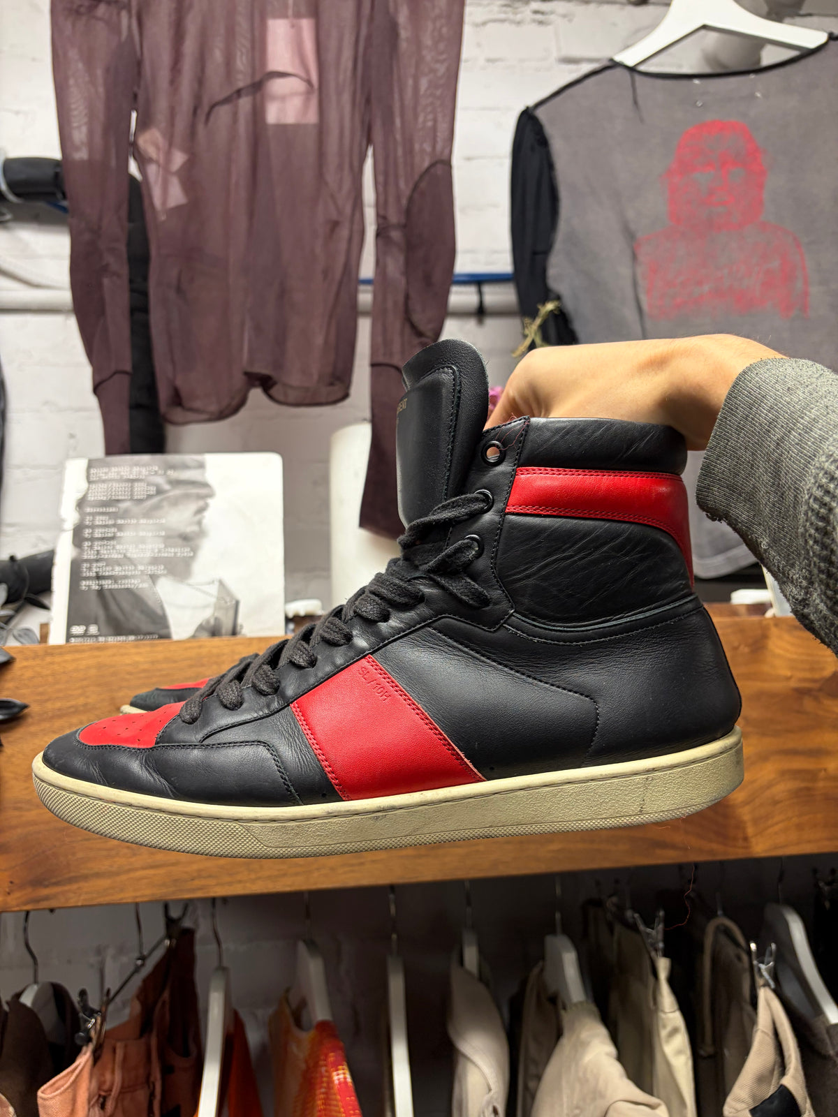 Saint Laurent 'SL/10H' Black/Red Leather Court High Top Sneakers