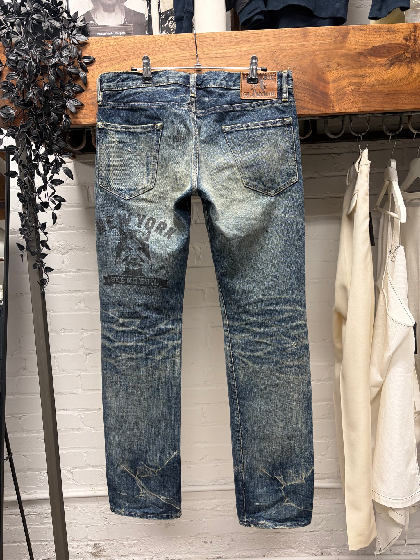Hysteric Glamour ‘See No Evil’ Studded Blue Dirt Wash Skinny Jeans