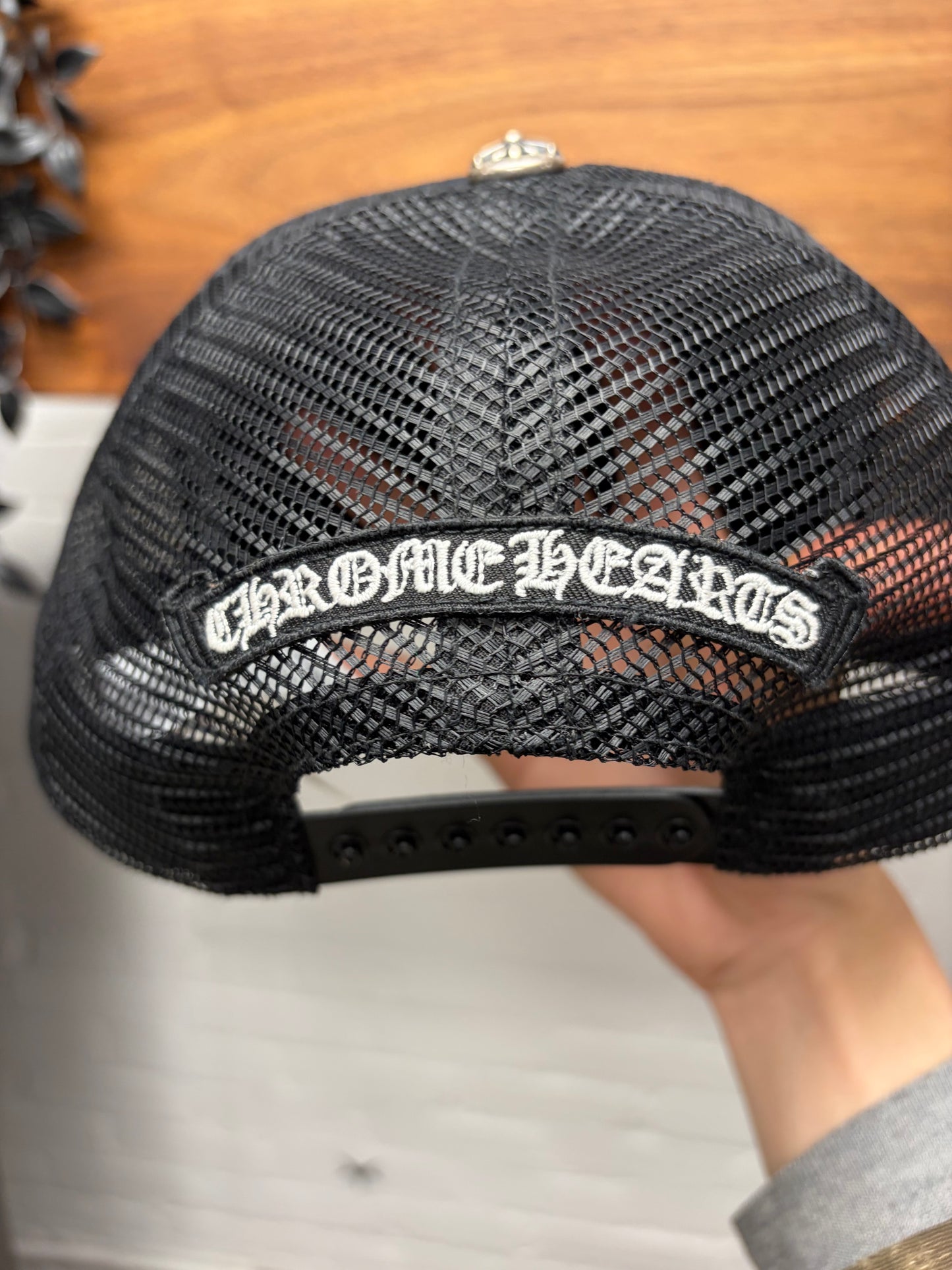 Chrome Hearts ‘Cemetery’ Black Leather Cross Patch Trucker Hat