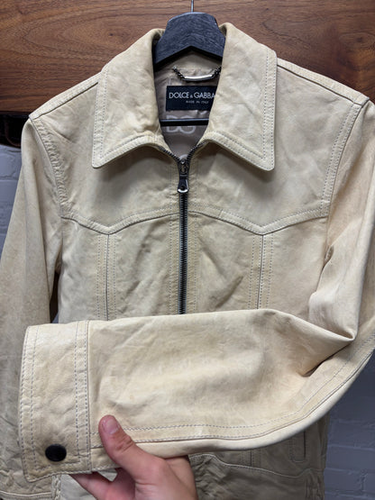 2000s Dolce and Gabbana Cream Lambskin Leather Jacket with Silk Monogram Liner Interior