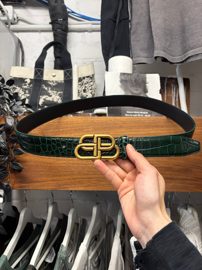 Balenciaga Croc Embossed Dark Green/Gold ‘BB Logo’ Leather Belt