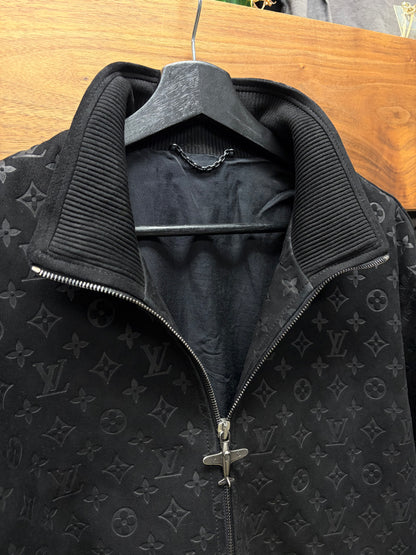 SS2025 Louis Vuitton by Pharrell Williams Black ‘Debossed Suede’ Monogram Leather Jacket with Airplane Zipper