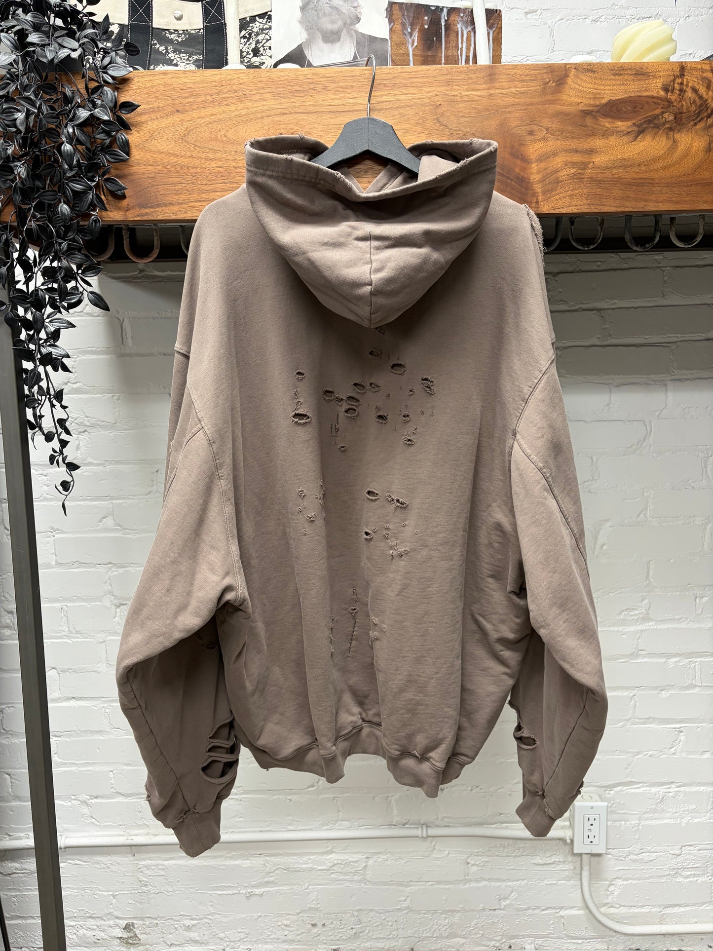2021 Balenciaga ‘Caps’ Destroyed Brown Logo Heavy Cotton Hoodie