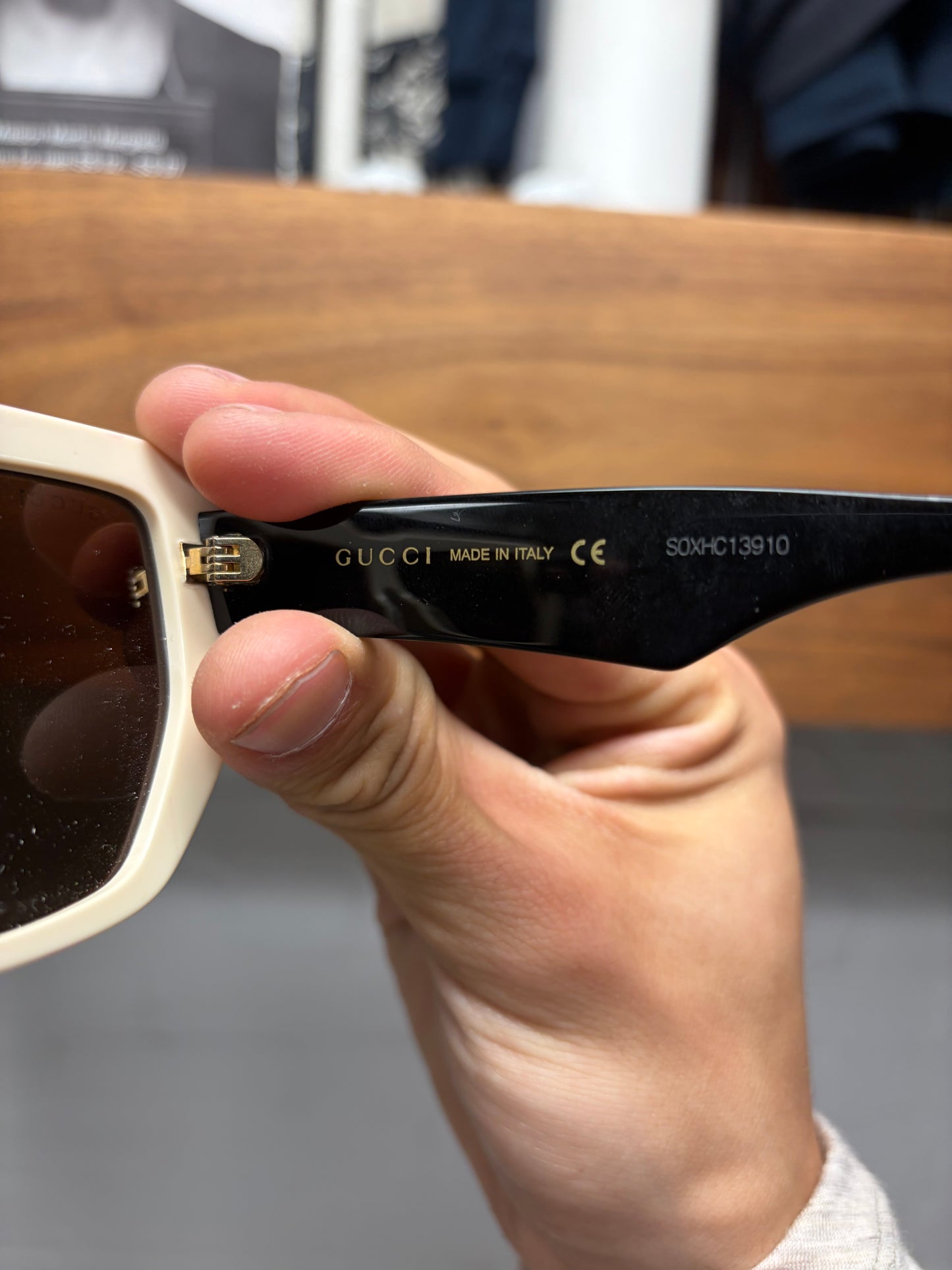 Gucci Ivory/Black Gold Tinted Squared Shape Sunglasses