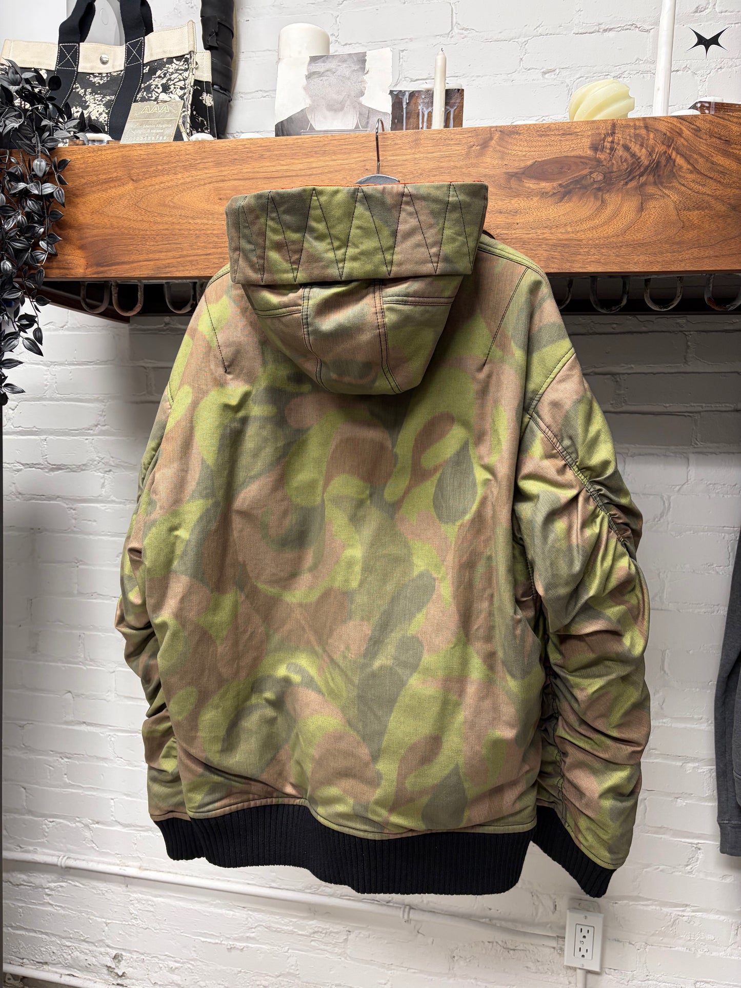 Marni ‘Dusted Olive’ Ruched Sleeve MA-1 Camo Hooded Bomber Jacket