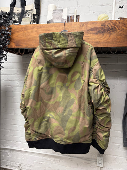 Marni ‘Dusted Olive’ Ruched Sleeve MA-1 Camo Hooded Bomber Jacket