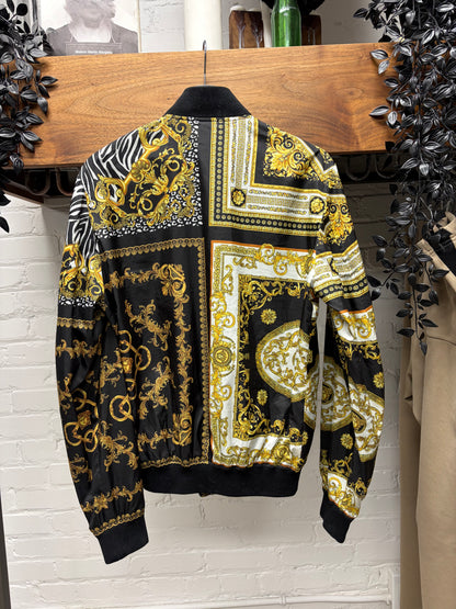 Versace ‘Baroque’ Full Print Gold/Black Silk Bomber Jacket