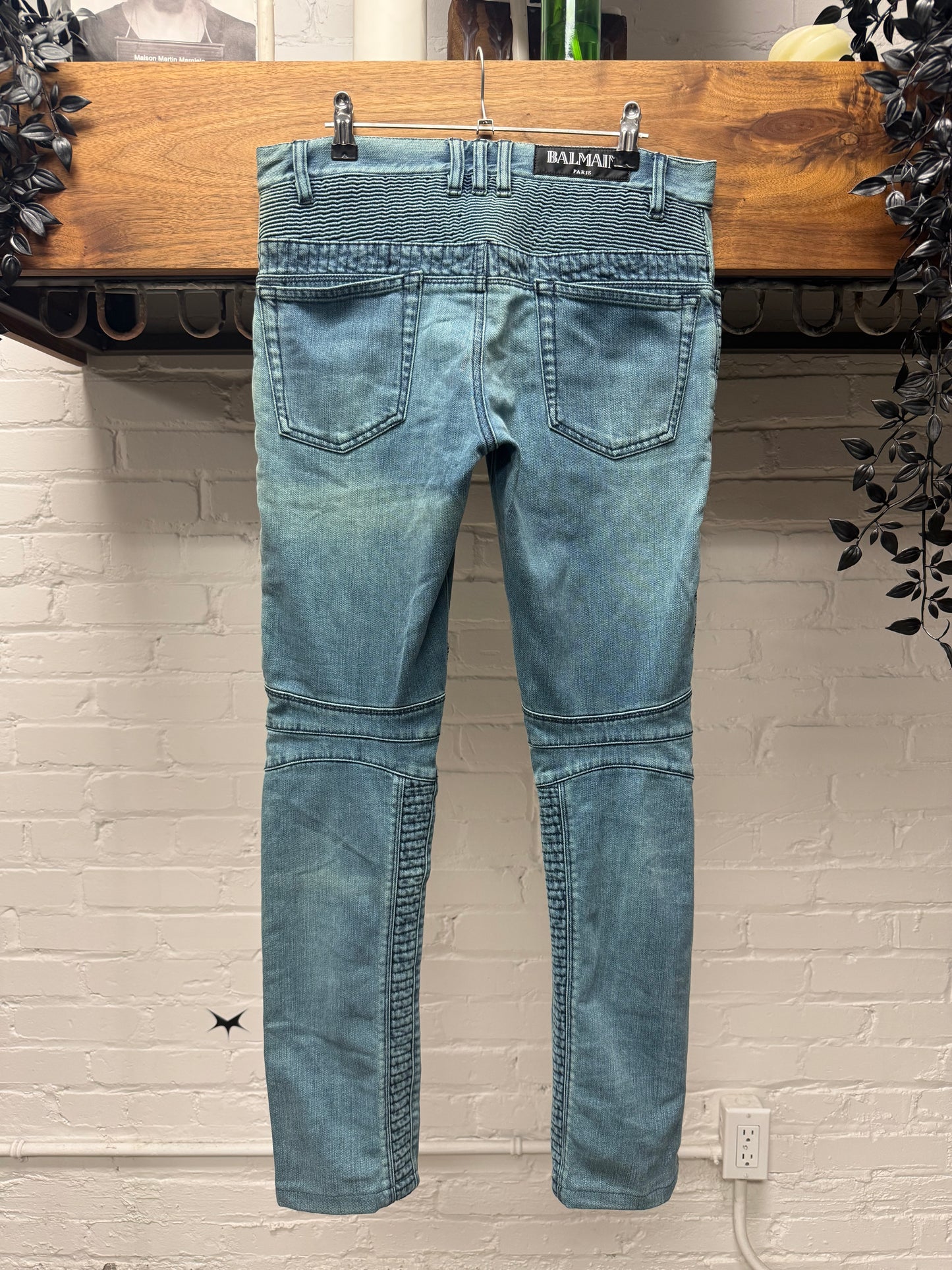 Balmain Blue Biker Knee ‘Double Zip’ Moto Skinny Jeans