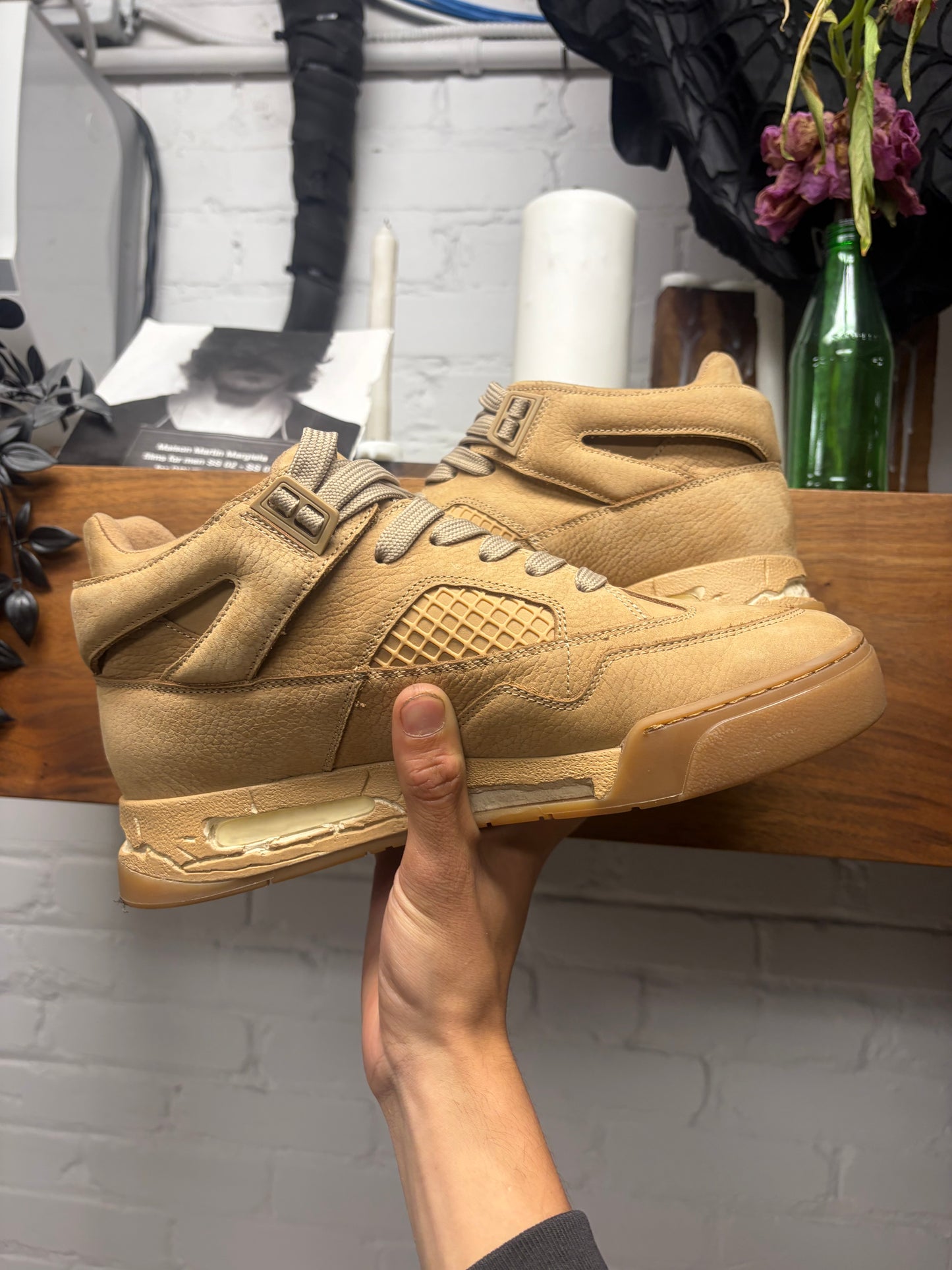 Maison Margiela ‘DDSTK’ Tan Brown Leather High Top Sneakers