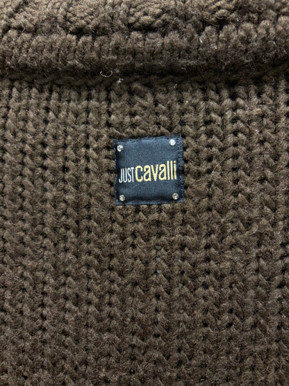 2000s Roberto Cavalli Brown Wool Knit Sweater with White Contrast Stitching