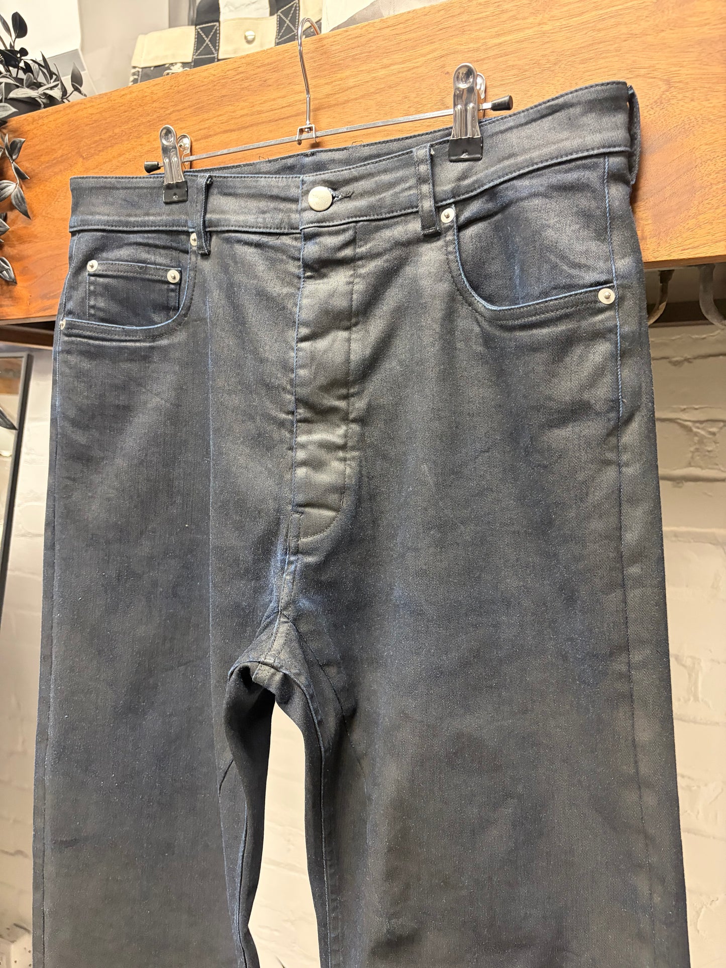 Rick Owens Overdyed Blue/Black Waxed ‘Geth Cut’ Wide Leg Denim