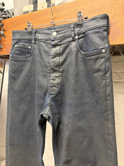 Rick Owens Overdyed Blue/Black Waxed ‘Geth Cut’ Wide Leg Denim