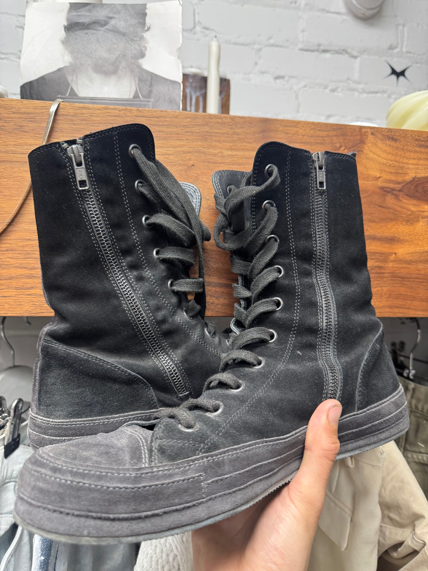 Ann Demeulemeester Black Suede ‘Side Zip’ High Top Sneakers