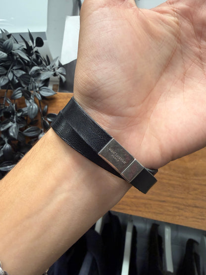 Saint Laurent ‘YSL’ Silver Logo Black Leather Double Wrap Bracelet