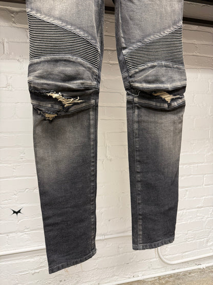 Balmain Distressed ‘Knee Blowout’ Grey Moto-Knee Skinny Biker Denim