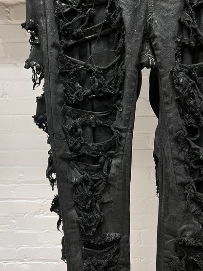 Rick Owens DRKSHDW ‘Detroit Cut’ Waxed Black Slashed Distressed Denim