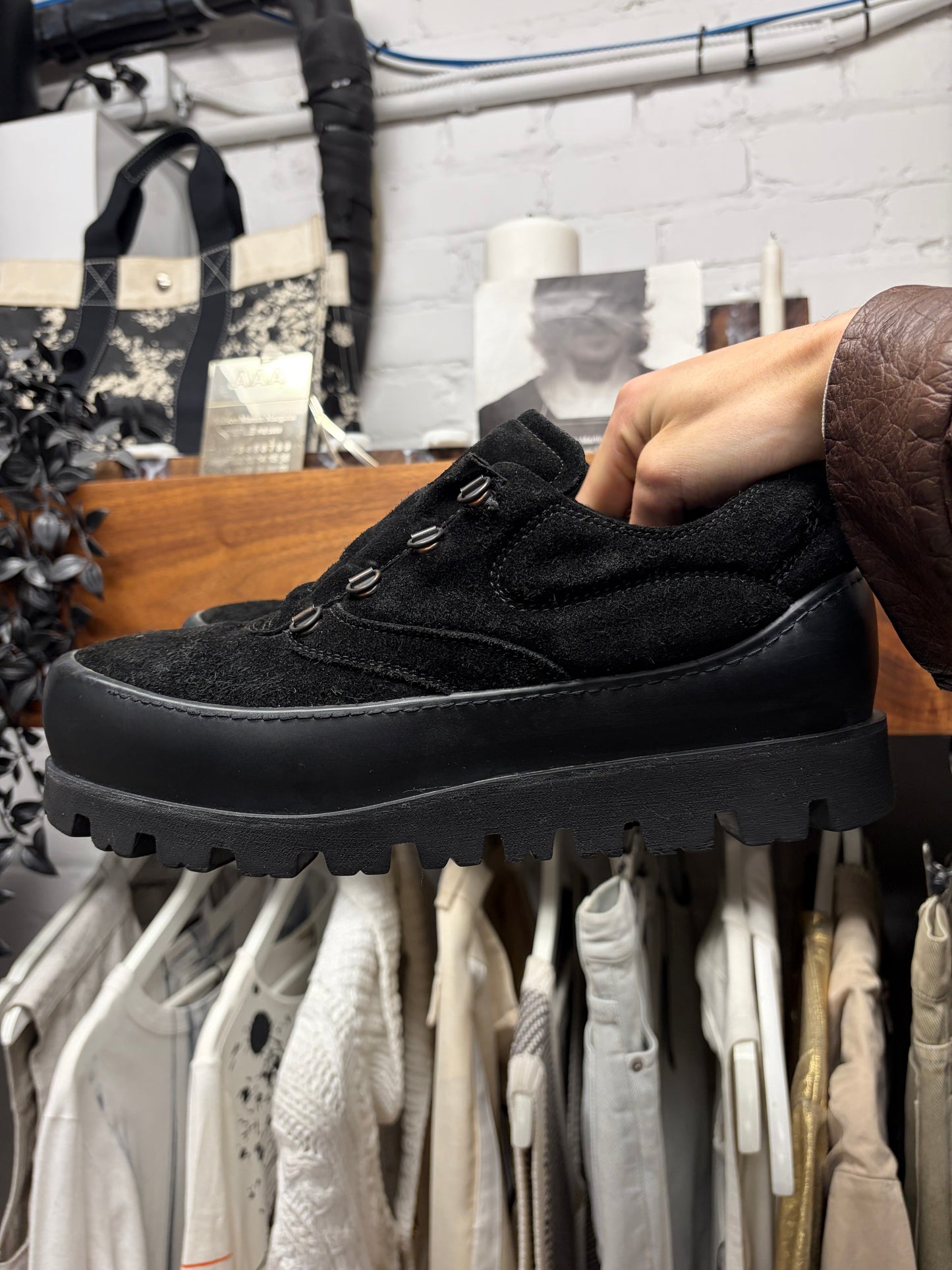 Ann Demeulemeester Lug Sole Black Suede Hiking Derbies