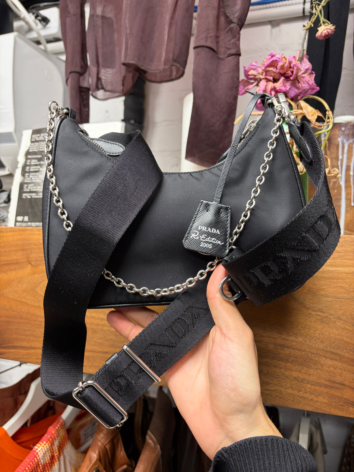 Prada 2005 Re-Edition Black ‘Re-Nylon’ Black Saffiano Mini Bag with Crossbody Strap
