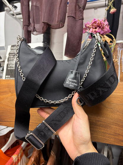 Prada 2005 Re-Edition Black ‘Re-Nylon’ Black Saffiano Mini Bag with Crossbody Strap