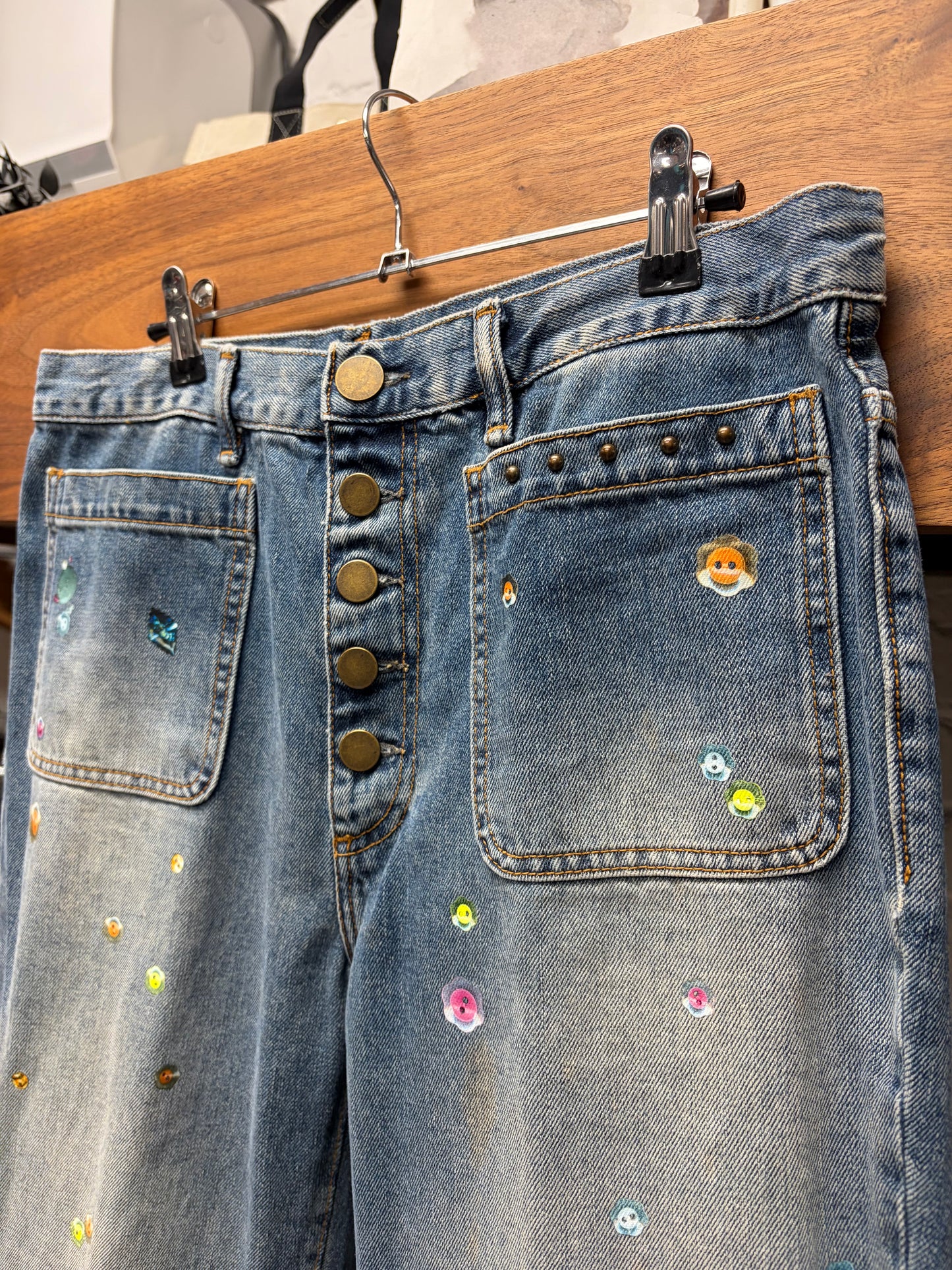 Acne Studios Embellished Blue Flared Leg Button Fly Denim