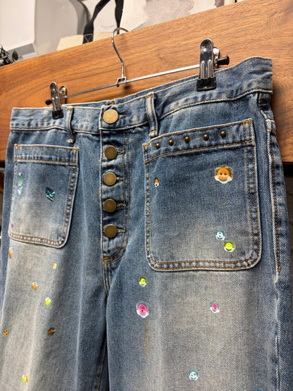 Acne Studios Embellished Blue Flared Leg Button Fly Denim