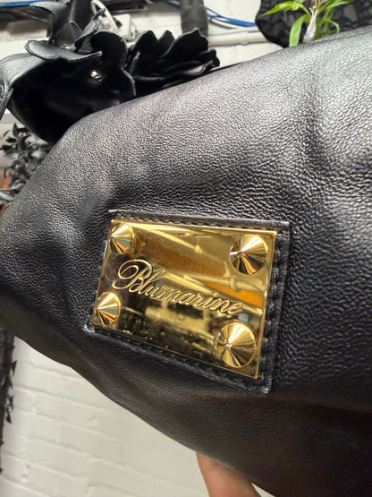 Blumarine Black Leather ‘Flower Appliqué’ Hobo Bag