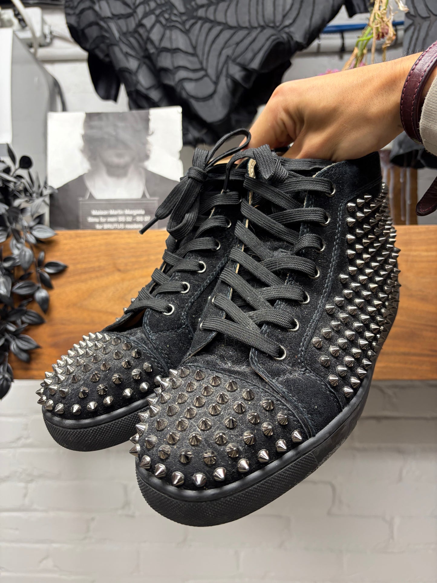 Christian Louboutin ‘Junior Spikes’ Black High Top Red Bottom Sneakers