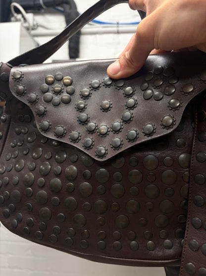 Marni Studded Brown Leather ‘Half Moon’ Crossbody Bag