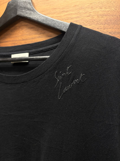 2018 Saint Laurent ‘Cursive Logo’ Small Shoulder Hit Graphic T-Shirt