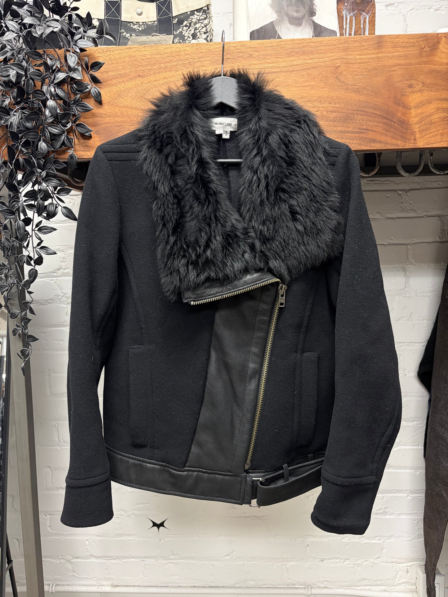 Helmut Lang Suede/Leather Biker Jacket with Faux Fur Trim