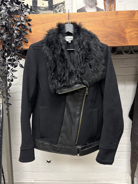 Helmut Lang Suede/Leather Biker Jacket with Faux Fur Trim