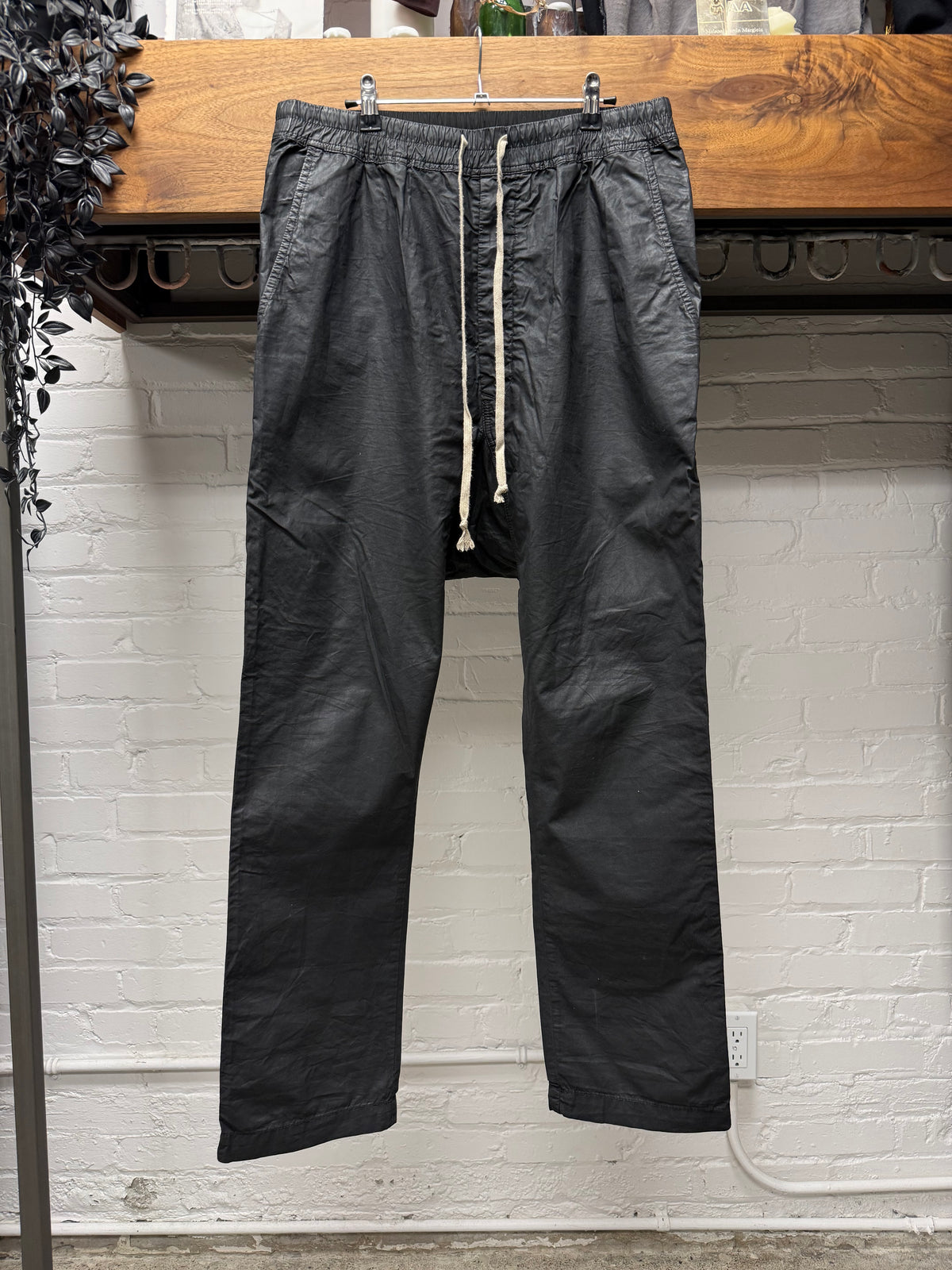 SS2015 Rick Owens ‘Faun’ Waxed Black Drop Crotch ‘Pod’ Drawstring Pants