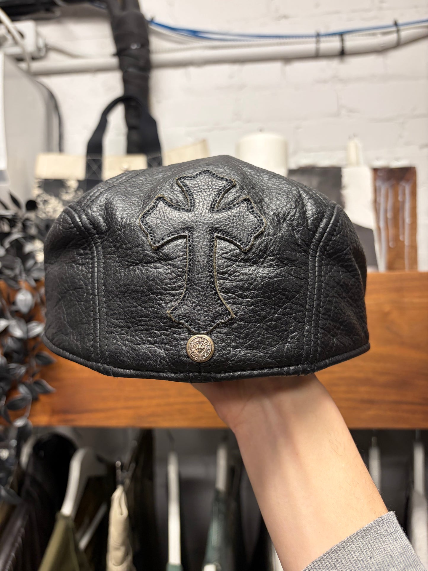 Vintage 90s Chrome Hearts ‘Paperboy’ Black Cross Patch Leather Cap