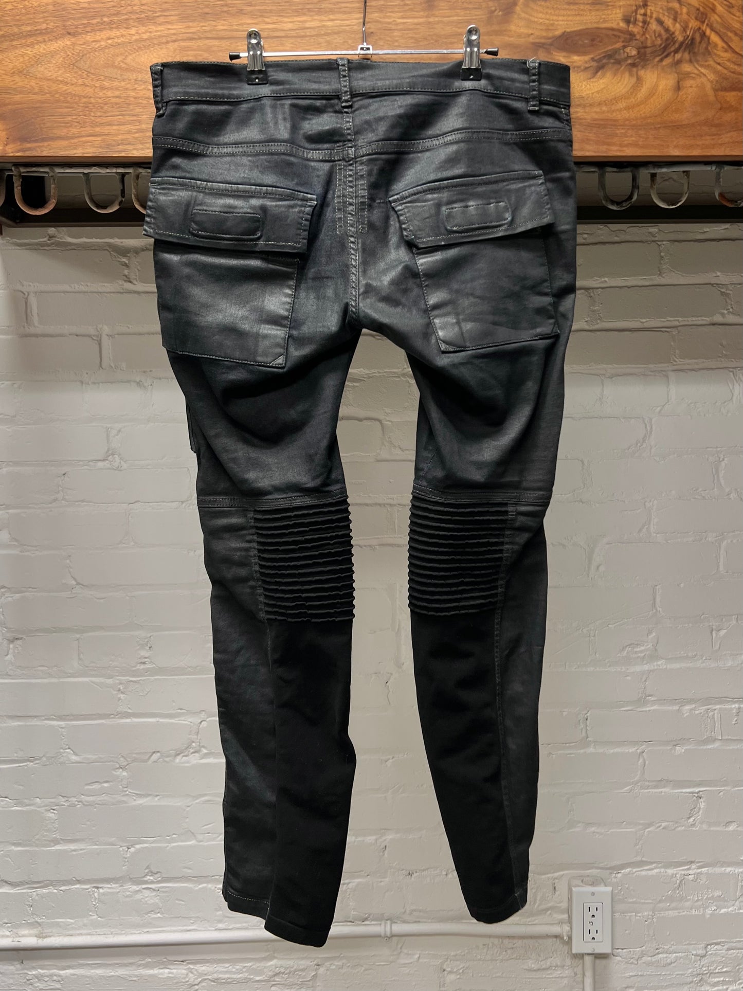 2014 Rick Owens ‘Memphis’ Waxed Black Biker Panelled Cargo Denim