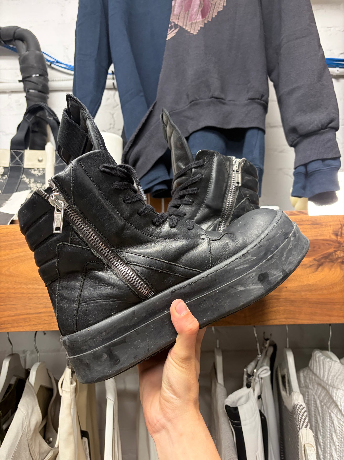Rick Owens ‘Double Bumper’ Black Geobasket Leather High Top Sneakers