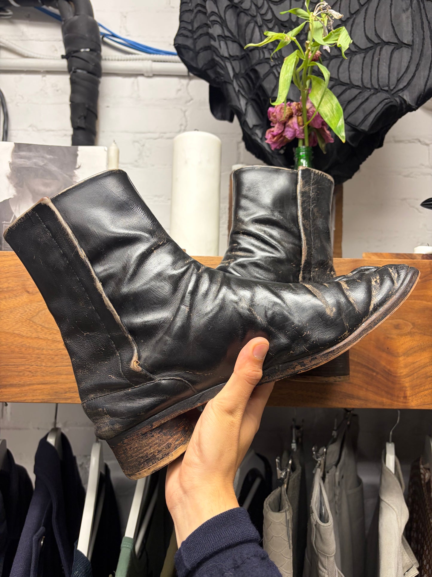 Maison Margiela ‘Tabi’ Aftermarket Painted Black Leather Split Toe Boots