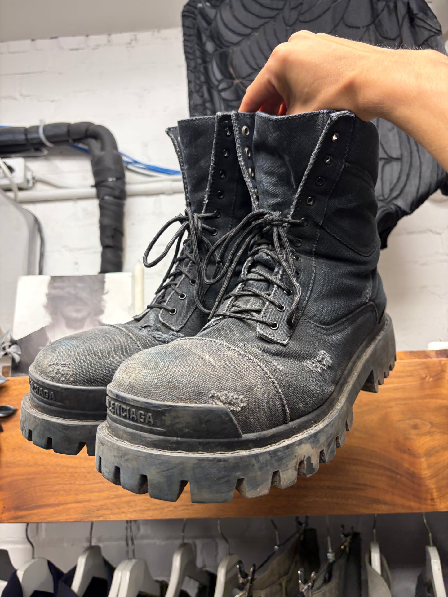 Balenciaga ‘Strike’ Black Distressed Canvas Combat Boots