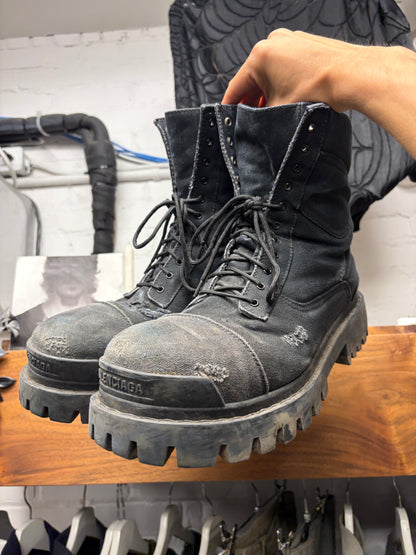 Balenciaga ‘Strike’ Black Distressed Canvas Combat Boots