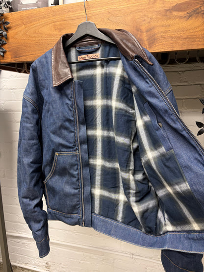 Acne Studios ‘Padded’ Plaid Lined Blue Denim Jacket with Leather Collar