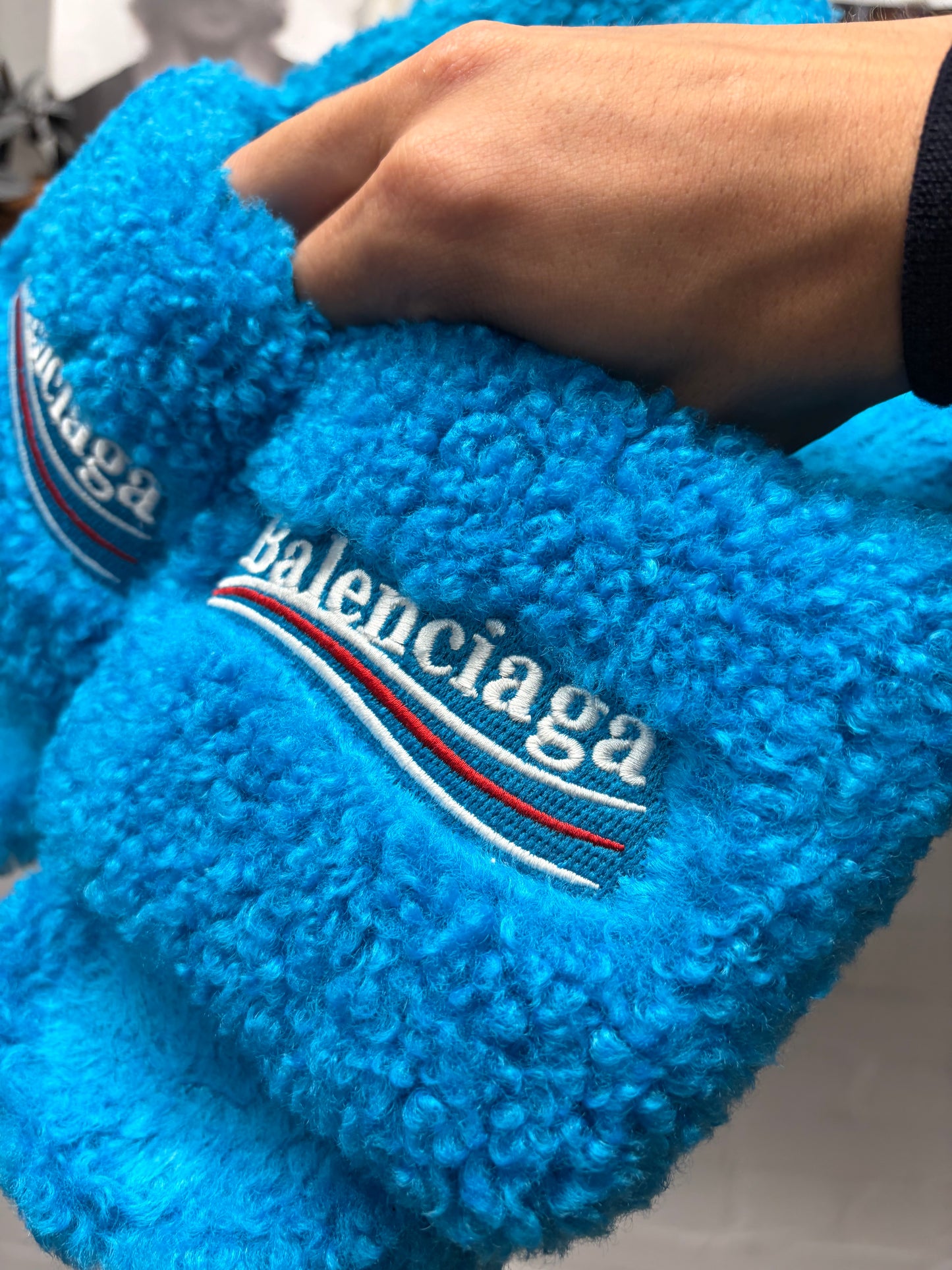 Balenciaga ‘Campaign Logo’ Blue Fuzzy Slides