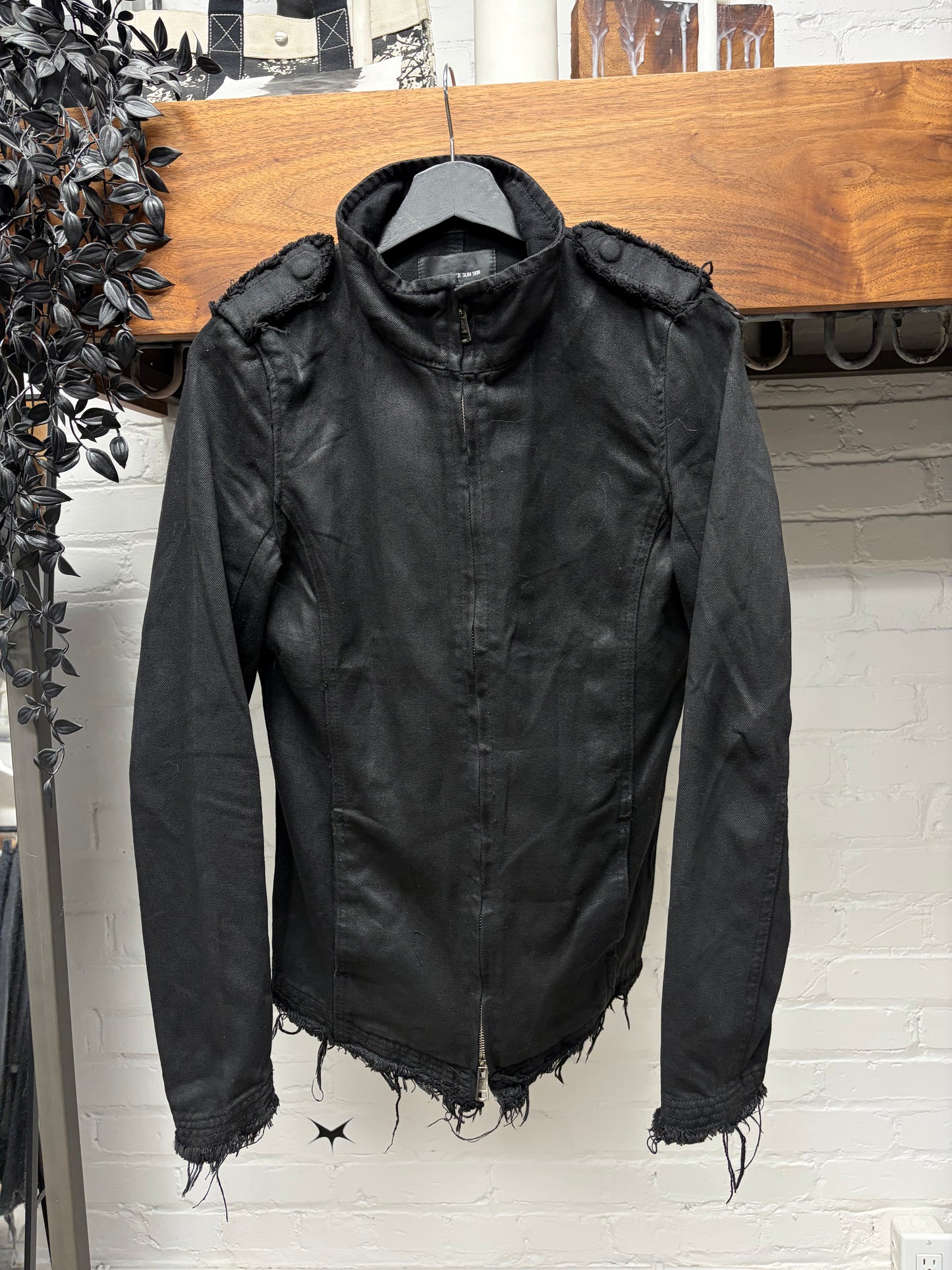 Diet Butcher Slim Skin Waxed Black  Raw Hem ‘Cross Motif’ Cropped Fit Military Inspired Jacket