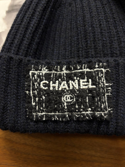Chanel Ribbed Black Thick Cashmere Beanie with Tweed Patch Logo