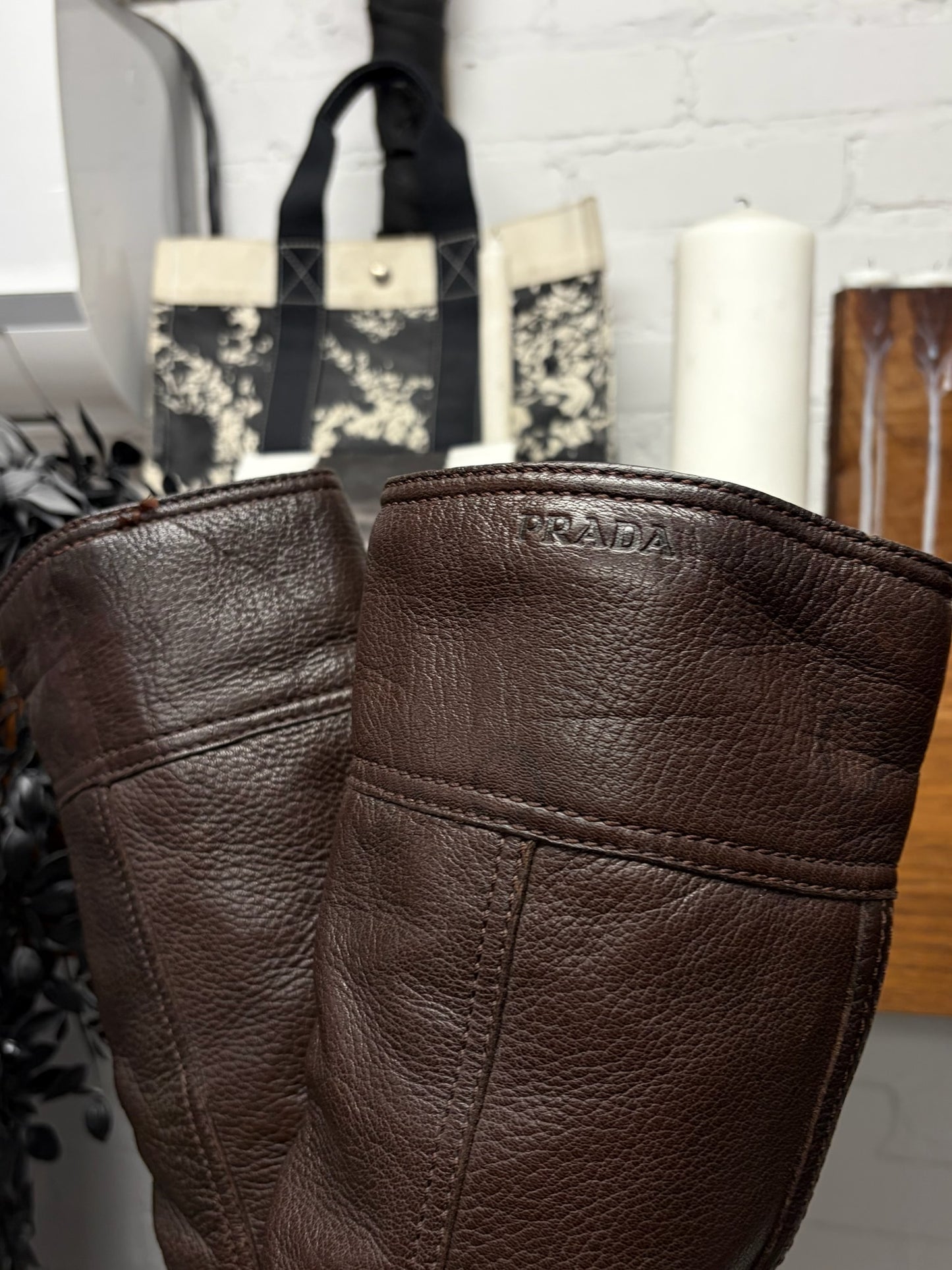 Prada Brown Leather Platform Calf Height Boots