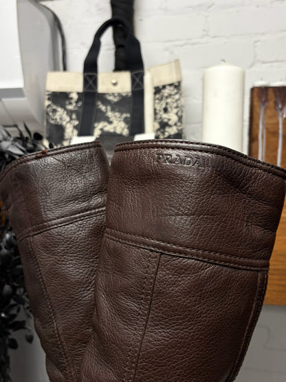 Prada Brown Leather Platform Calf Height Boots