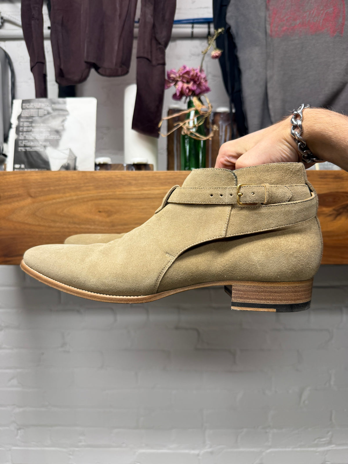 Saint Laurent ‘Jodhpur’ Tan Suede Pointed Toe Ankle Cut Chelsea Boots