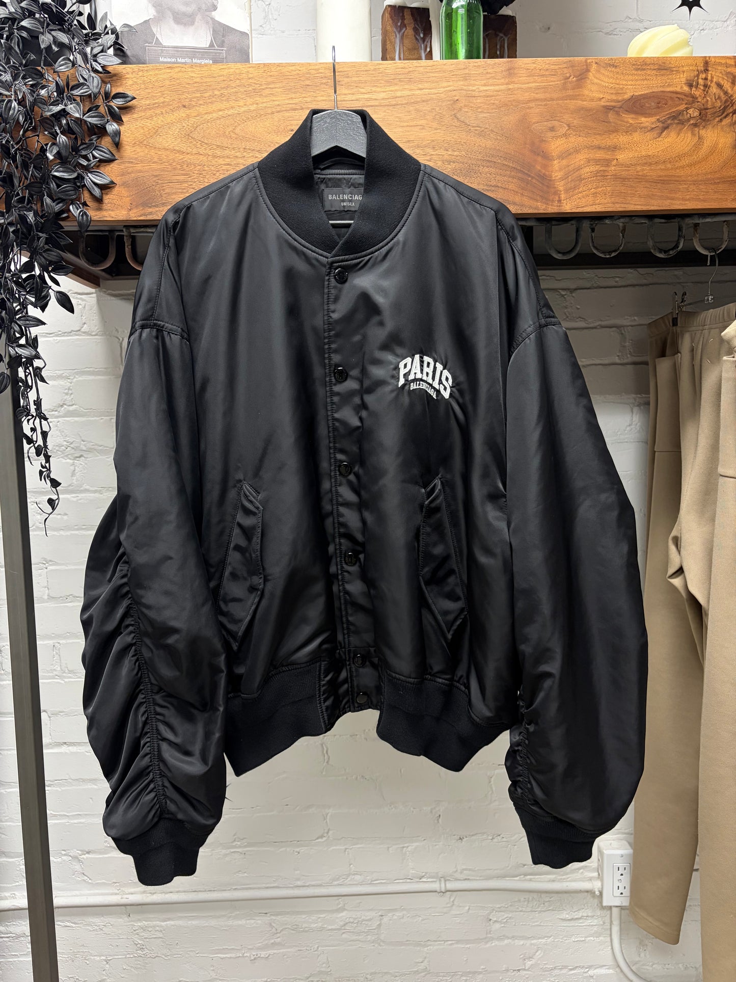 2025 Balenciaga ‘Paris’ Black Drop Shoulder Varsity Bomber Jacket