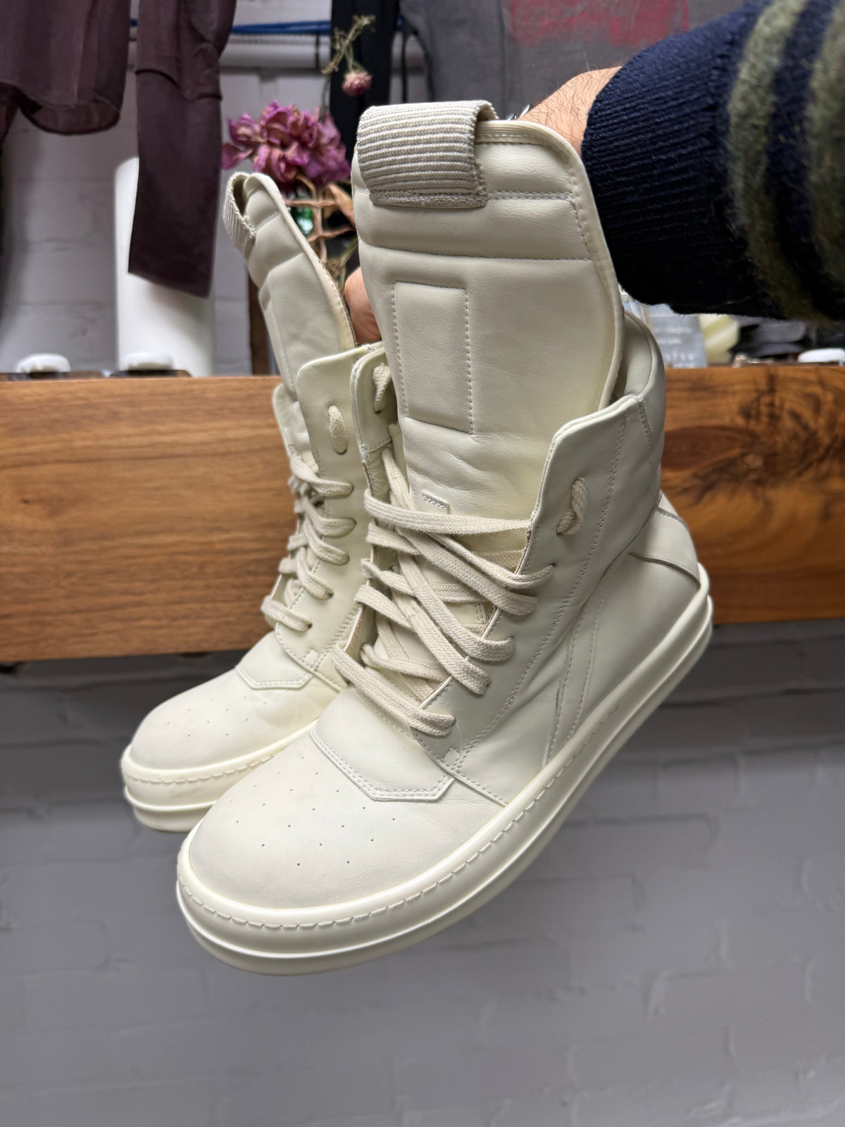 Rick Owens ‘Geobasket’ Milk Leather High Top Sneakers